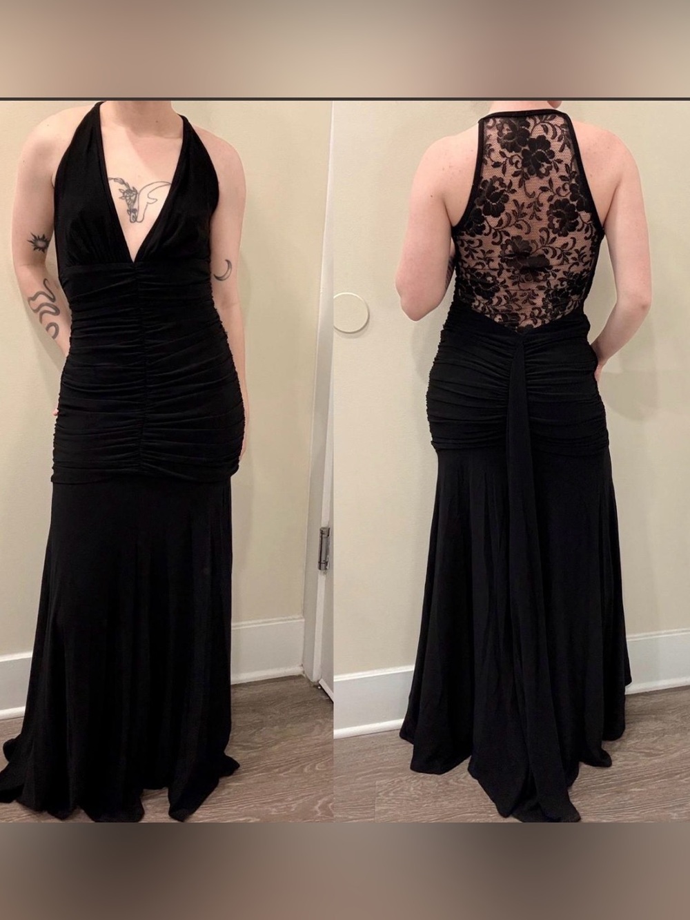 VTG 90s Jessica McClintock Black Ruched Lace Back halter size xs